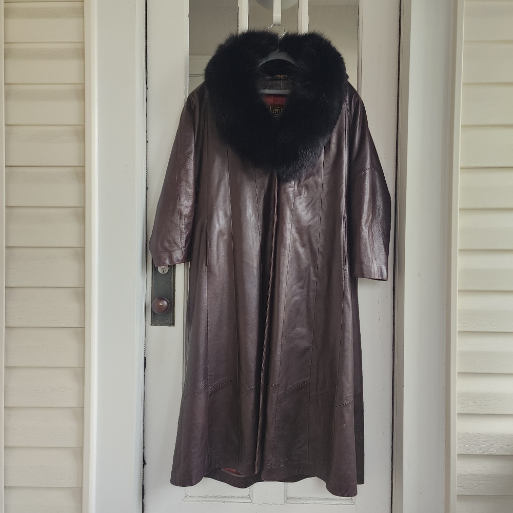 Andre Vintage 80's Brown Leather Coat with Black Faux Fur Collar